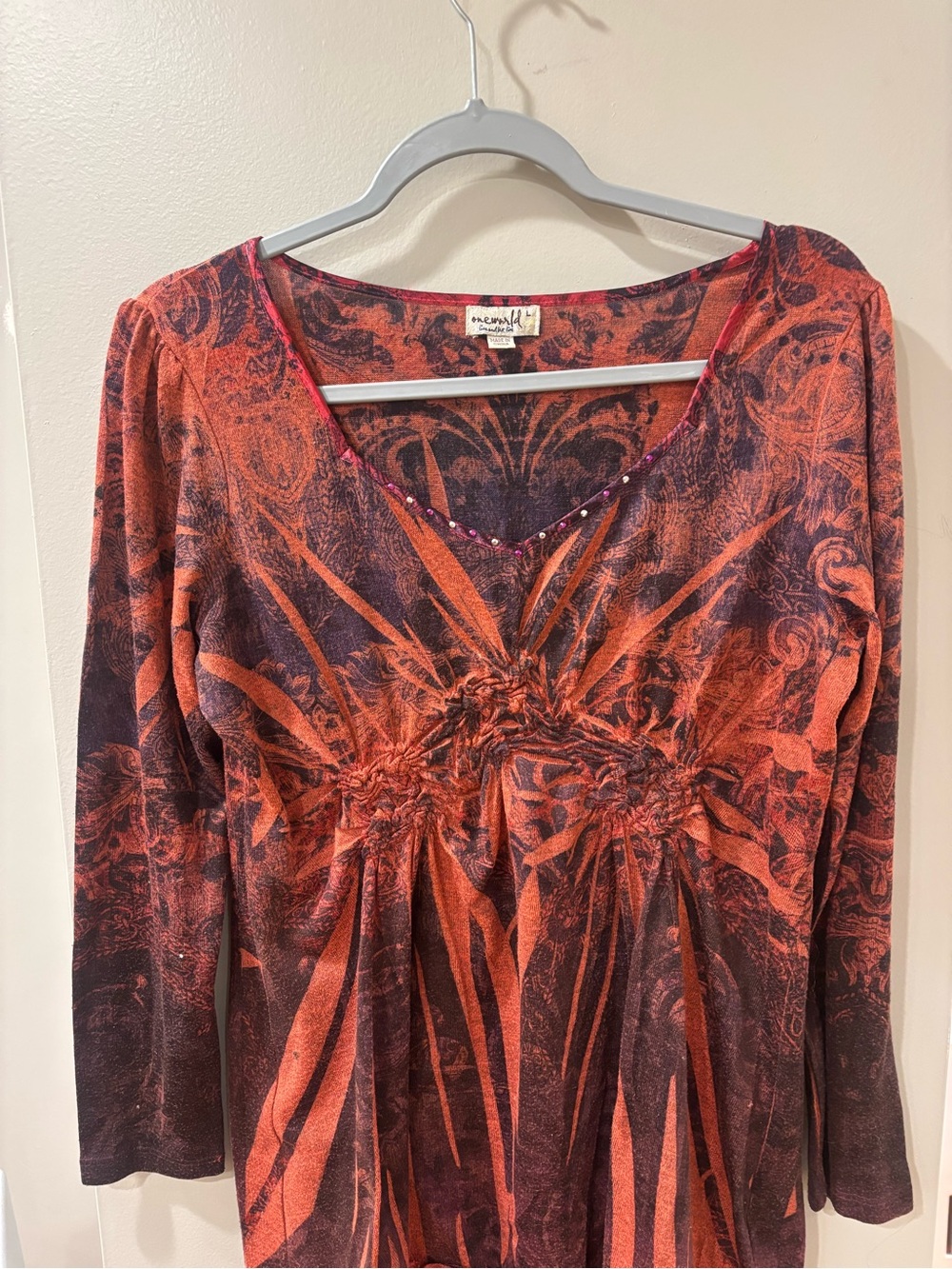 ONE WORLD Red-Black Printed Long Sleeve V-Neck Dress